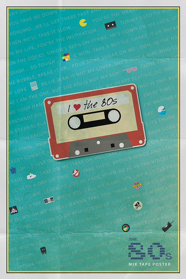 Third Place (tie): “’80s Mix Tape Poster” designed by Paul Kahn of Arlington, Mass. 