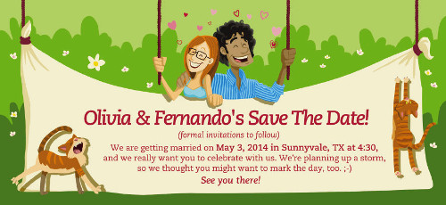 Front of save-the-date postcard art by Fernando Sanzzi.