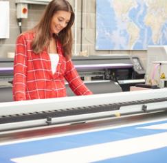 woman at printing banner